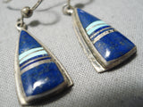 Superlative Vintage Native American Navajo Lapis Turquoise Sterling Silver Earrings-Nativo Arts