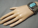 Opulent Vintage Native American Navajo Domed Earth Blue Turquoise Sterling Silver Bracelet Old-Nativo Arts