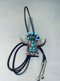 Huge 4 Inch Long Vintage Native American Navajo Kachina Turquoise Sterling Silver Bolo Tie-Nativo Arts