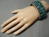 Exquisite Native American Navajo Green Turquoise Mosaic Inlay Sterling Silver Heavy Bracelet-Nativo Arts
