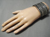Detailed Huge Heavy Vintage Native American Navajo Sterling Silver Wide Bracelet Cuff-Nativo Arts