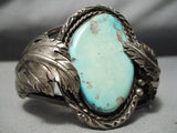 Heavy Thick Vintage Native American Navajo Light Green Turquoise Sterling Silver Leaf Bracelet-Nativo Arts