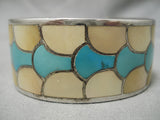 Detailed!! Vintage Zuni Native American Turquoise Shell Sterling Silver Bracelet-Nativo Arts