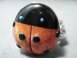 Adorable Native American Navajo Spiny Oyster, Jet Sterling Silver Ring Ladybug-Nativo Arts