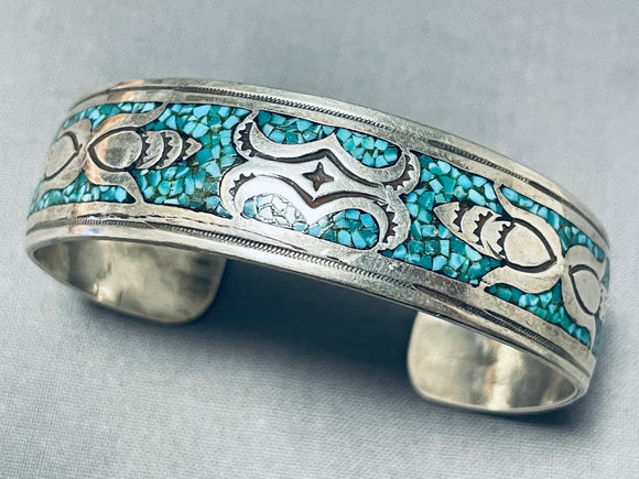 Signed Vintage Native American Navajo Turquoise Chip Inlay Sterling Silver Bracelet-Nativo Arts