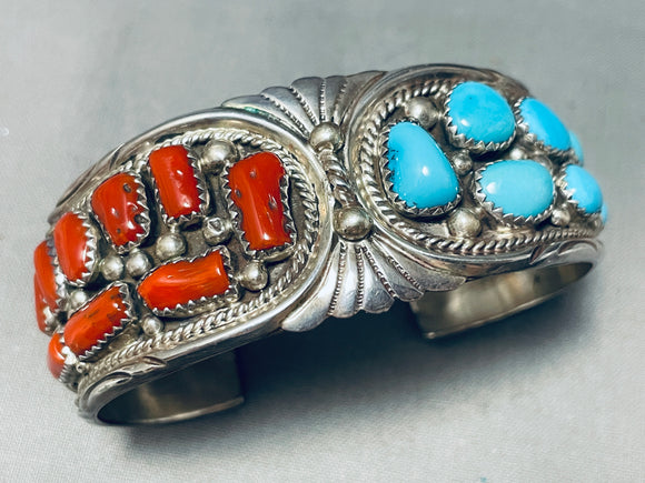 Sturdy And Signed Vintage Native American Navajo Turquoise Coral Sterling Silver Bracelet-Nativo Arts