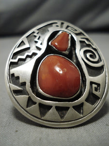 Fabulous Vintage Native American Navajo Shadow Box Sterling Silver Coral Ring-Nativo Arts