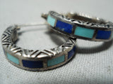 Intricate Vintage Native American Zuni Turquoise Lapis Sterling Silver Earrings Old-Nativo Arts