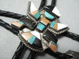 Native American Early Detailed Vintage Navajo Turquoise Sterling Silver Kachina Bolo Tie-Nativo Arts