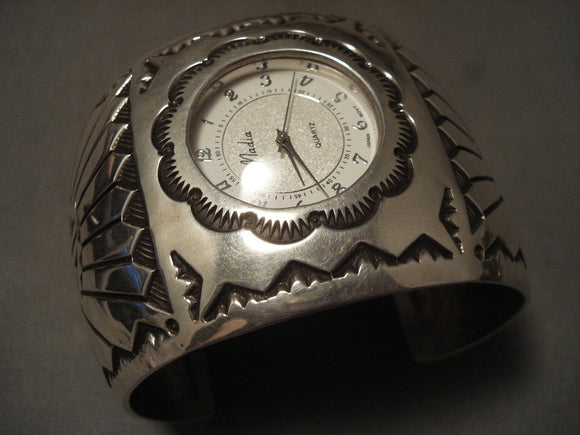 110 Grams Wide Vintage Navajo Native American Jewelry Silver Sun Watch Bracelet-Nativo Arts