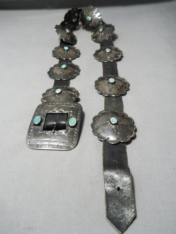 Early 1900's Vintage Native American Navajo Turquoise Sterling Silver Coin Concho Belt Old-Nativo Arts