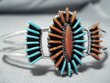 Important Native American Zuni Turquoise Coral Needlepoint Sterling Silver Bracelet-Nativo Arts