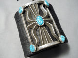 Ornamental Vintage Native American Navajo Blue Gem Turquoise Sterling Silver Bowguard Old-Nativo Arts