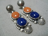 Native American Important Jeanette Dale Lapis Coral Sterling Silver Earrings-Nativo Arts