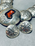 Chunky Coral Native American Navajo Sterling Silver Button Stamped Necklace Earrings-Nativo Arts