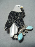 Detail Vintage Zuni Native American Eagle Turquoise Sterling Silver Pin Pendant-Nativo Arts
