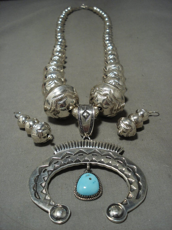114 Gram Museum Quality Vintage Navajo Huge Native American Jewelry Silver Turquoise Necklace Earrings-Nativo Arts