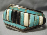 One Of The Best Vintage Native American Navajo Turquoise Sterling Silver Inlay Bracelet Old-Nativo Arts