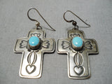Native American Exceptional Vintage Sleeping Beauty Turquoise Sterling Silver Cross Earrings-Nativo Arts