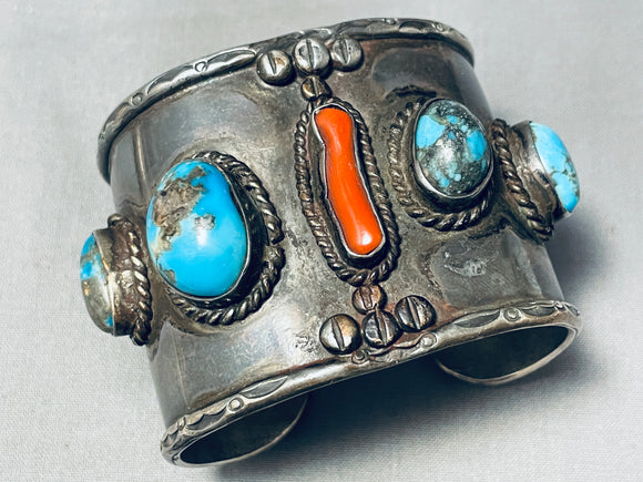 Museum Mens Vintage Native American Navajo Turquoise Sterling Silver Coral Bracelet-Nativo Arts