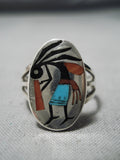 Native American Important Vintage Zuni Turquoise Inlay Kokopelli Sterling Silver Ring-Nativo Arts