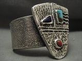119 Gram Mask Navajo Turquoise Coral Native American Jewelry Silver Cast Bracelet-Nativo Arts