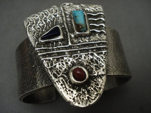 119 Gram Mask Navajo Turquoise Coral Native American Jewelry Silver Cast Bracelet-Nativo Arts
