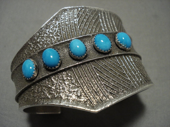 119 Grams Navajo 'High Grade Sb Turquoise' Tufa Casted Native American Jewelry Silver Bracelet-Nativo Arts