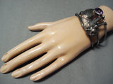 Detailed!! Vintage Native American Navajo Wolf Sterling Silver Amethyst Bracelet Cuff-Nativo Arts