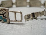 Native American Detailed Vintage Turquoise Geometric Sterling Silver Link Bracelet Old-Nativo Arts