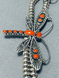 Authentic Coral Vintage Native American Navajo Butterfly Sterling Silver Squash Blossom Necklace-Nativo Arts