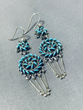 Important Vintage Native American Zuni Signd Blue Gem Turquoise Cluster Sterling Silver Earrings-Nativo Arts
