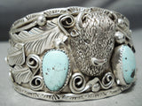 Important Vintage Native American Navajo Buffalo Turquoise Sterling Silver Leaf Bracelet-Nativo Arts