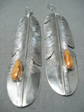 So Long Vintage Native American Navajo Spiny Oyster Sterling Silver Feather Earrings-Nativo Arts