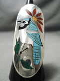 Native American Huge Important Uni Quam Bluejay Turquoise Sterling Silver Ring-Nativo Arts