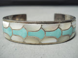 Bneautiful Vintage Native American Zuni Turquoise Pearl Sterling Silver Inlay Bracelet Old-Nativo Arts
