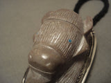 123 Grams Vintage Navajo Hand Carved Buffalo Snake Eye Turquoise Native American Jewelry Silver Bolo Tie-Nativo Arts