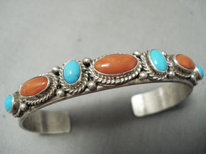 Signed Incredible Vintage Native American Navajo Blue Turquoise Coral Sterling Silver Bracelet-Nativo Arts