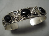 Detailed!! Vintage Native American Navajo Domed Jet Sterling Silver Leaf Garden Bracelet Old-Nativo Arts