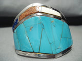 Native American Huge Signed Vintage Southwestern Turquoise Sterling Silver Inlay Bracelet-Nativo Arts
