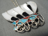 Intricate! Vintage Zuni Native American Turquoise Sterling Silver Wagon Necklace-Nativo Arts