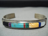 Intricate Vintage Native American Navajo Turquoise Sterling Silver Inlay Bracelet-Nativo Arts