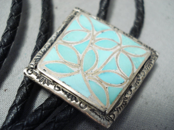 Superb Vintage Native American Zuni Blue Gem Turquoise Inlay Sterling Silver Bolo-Nativo Arts