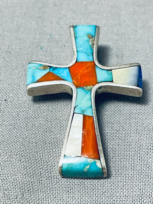 Colorful Vintage Native American Navajo Turquoise Coral Lapis Sterling Silver Cross Pendant-Nativo Arts