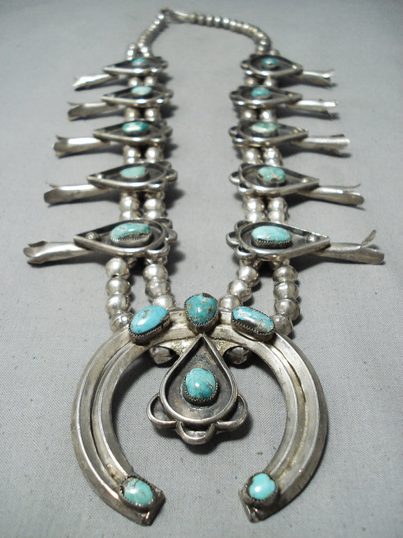 Carico Lake Turquoise Vintage Native American Navajo Sterling Silver Squash Blossom Necklace-Nativo Arts