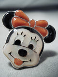 Whimsical Native American Zuni Coral Jet Mother Of Pearl Sterling Silver Minnie Mouse Ring-Nativo Arts