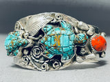 Native American Tortoise Francisco Gomez Hand Carved Turquoise Sterling Silver Bracelet-Nativo Arts