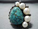 Whimsical Vintage Navajo Native American Turquoise Pearl Sterling Silver Ring-Nativo Arts