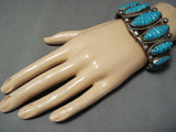 Museum Hand Carved Turquoise Vintage Native American Navajo Sterling Silver Bracelet Old-Nativo Arts