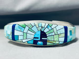 One Of The Most Detailed Vintage Native American Navajo Turquoise Inlay Sterling Silver Bracelet-Nativo Arts